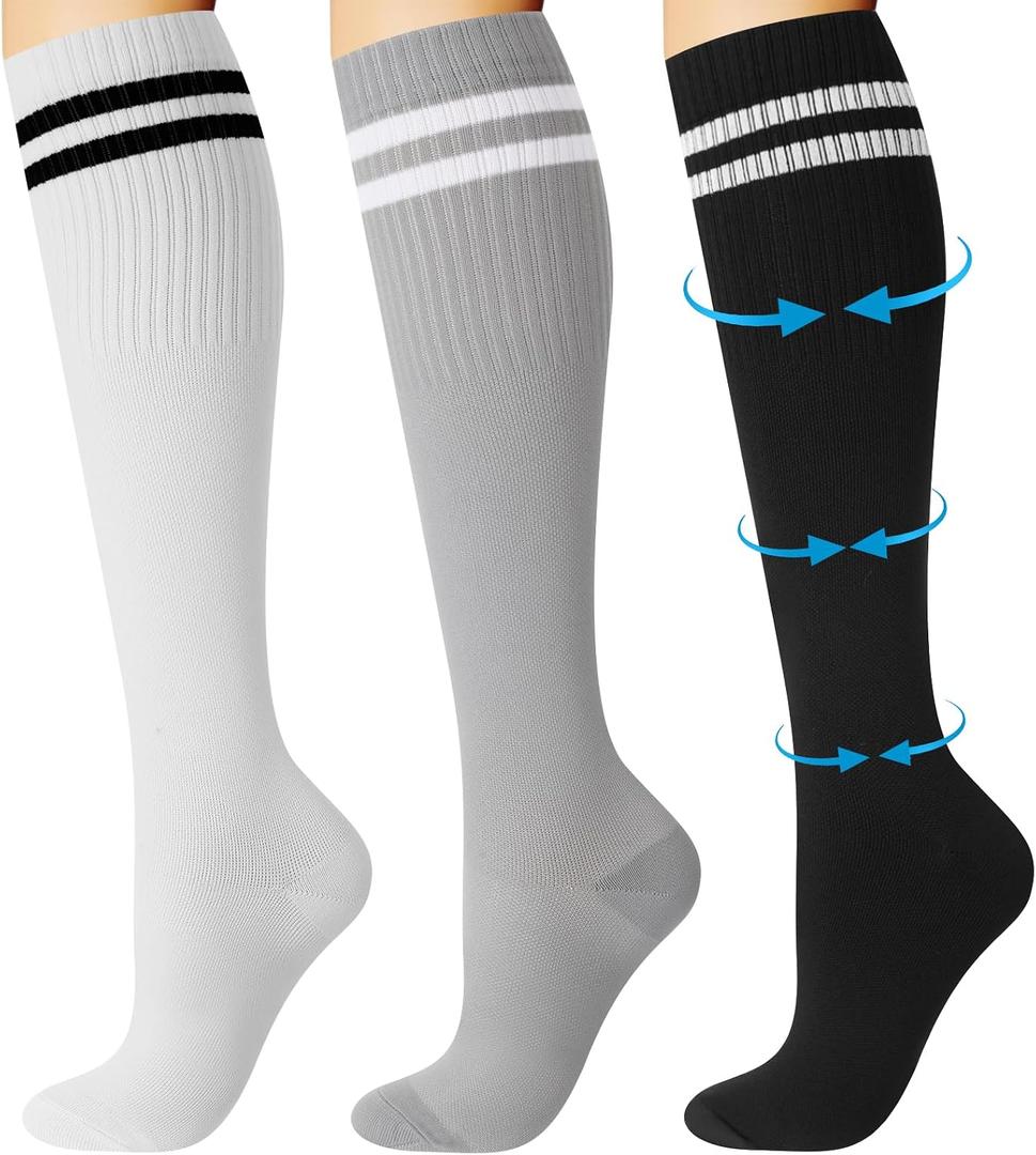 Shihanee 3 Pairs Striped Compression Socks for Men Women 15-25mmHg Circulation Knee High Athletic Socks for Support Nurse(Black, White, Gray)