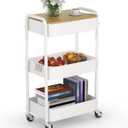 3 Tier Metal Utility Cart, Rolling Storage Cart with Wooden Tabletop, Metal Organizer Cart with Lockable Wheels for Office, Bedroom, Kitchen and Living Room (White)