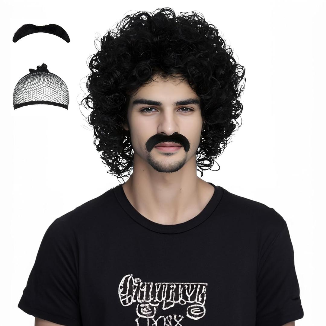 Miss U Hair Jerry Curl Wig Mens Short Black Curly Wig With Mustache 70s Rocker Mullet Halloween Costume Miss U Hair Jerry Curl Wig Mens Short Black Curly Wig With Mustache 70s Rocker Mullet Halloween Costume