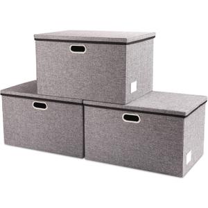 PRANDOM Extra Large Collapsible Storage Bins with Lids [3-Pack] Linen Fabric Foldable Storage Baskets Boxes Organizer Containers Cube with Cover for Bedroom Closet Office Nursery (22.8x15.75x13.8) (Gray)