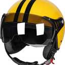3/4 Motorcycle Helmets Retro Open Face Vespa Scooters Helmet with Clear Visor for Men and Women- DOT Approved (Small, Yellow Black LINE)