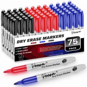 VEESA Dry Erase Markers (Black Red Blue), Fine Tip, 75 Count Low-Odor Whiteboard Marker Pens for Office School Home (Multicolor)