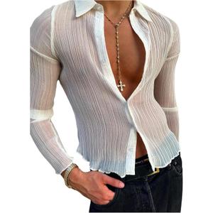Men's Sheer Mesh Button Down Shirts Textured Long Sleeve Fitted Shirt Tops Party Top White X-Large