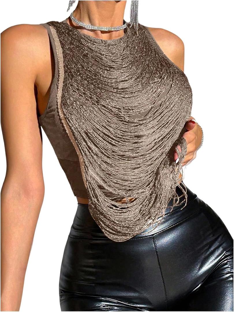 SOLY HUX Women's Fringe Trim Crop Tank Top Sleeveless Crew Neck Going Out Party Tops (Large)