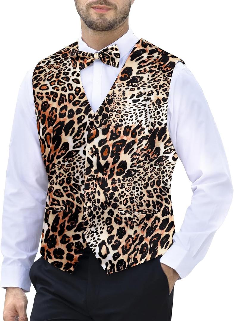 2-Piece Party Suit Vest for Men, Animal Print Waistcoat Vest & Bow Tie Small