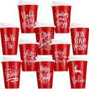 Sliner 10 Pcs Christmas Reusable Coffee Cups with Lids Bulk 12 oz Christmas Plastic Cup Gifts Xmas Drinks Tumblers with Snowflake for Coworkers Family Winter Party Favors (Red)