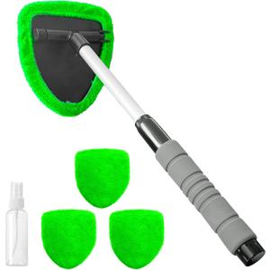 19" Extra-Long Windshield Cleaner Tool, Auto Glass Wiper Brush Kit | Car Interior Detailing Cleaning Kit with Extendable Handle and 4 Reusable Microfiber Pads, Car Window Cleaner, for Cars