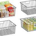 Metal Wire Basket Foldable Set of 4, Metal Bins for Organizing with PVC Sheet, 10.5x10.5in Wire Pantry Baskets Freezer Organizer Bins for Kitchen Closet BathroomBlack