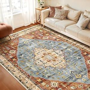 WITSHOCK Washable Area Rug, Area Rugs 9x12 Living Room Bedroom, Vintage Boho Accent Kitchen Rugs Non Slip Washable Stain Low Pile Resistant Floor Carpet Indoor for Dining Room Office Home Decor, Red