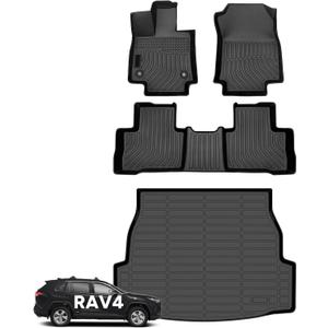 Wayhigh Floor Mats & Cargo Liner for Toyota RAV4 Hybrid 2019-2024 2025(Only Hybrid) All Weather TPE Car Mats Waterproof Heavy Duty Floor Liners Custom Fit for RAV4 Accessories- Black