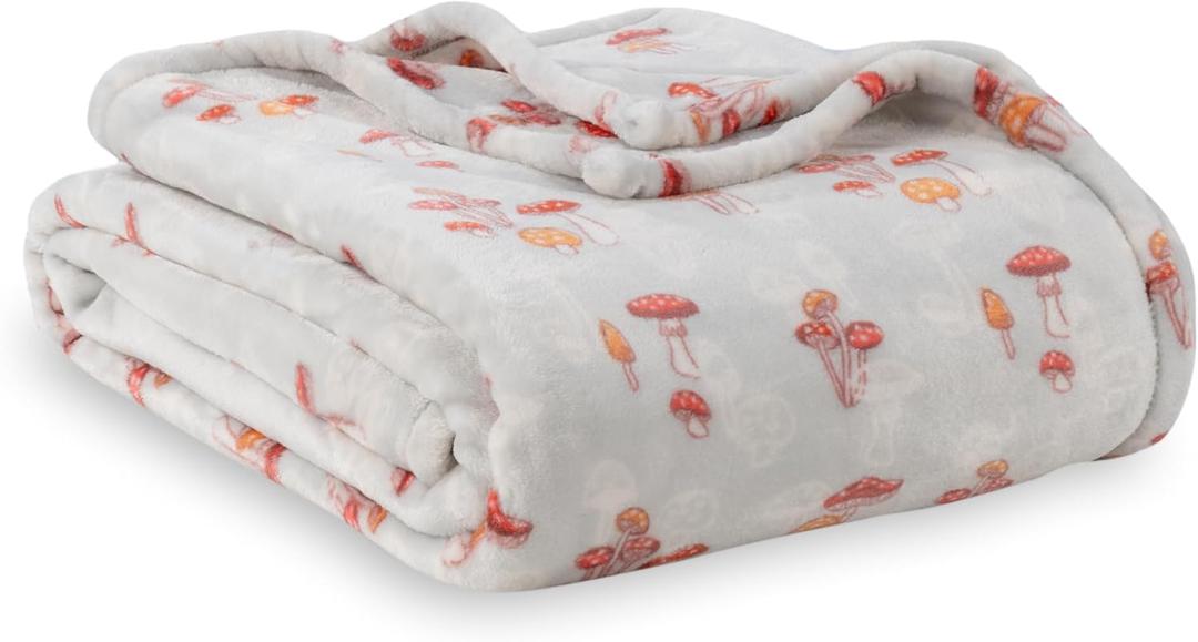 Berkshire Blanket-Classic Heavyweight Soft Printed VelvetLoft Plush Blanket, Full/Queen Size Soft Fuzzy Warm Blanket for Couch Sofa Bed, Mushroom Field Grey, 90in x 90in