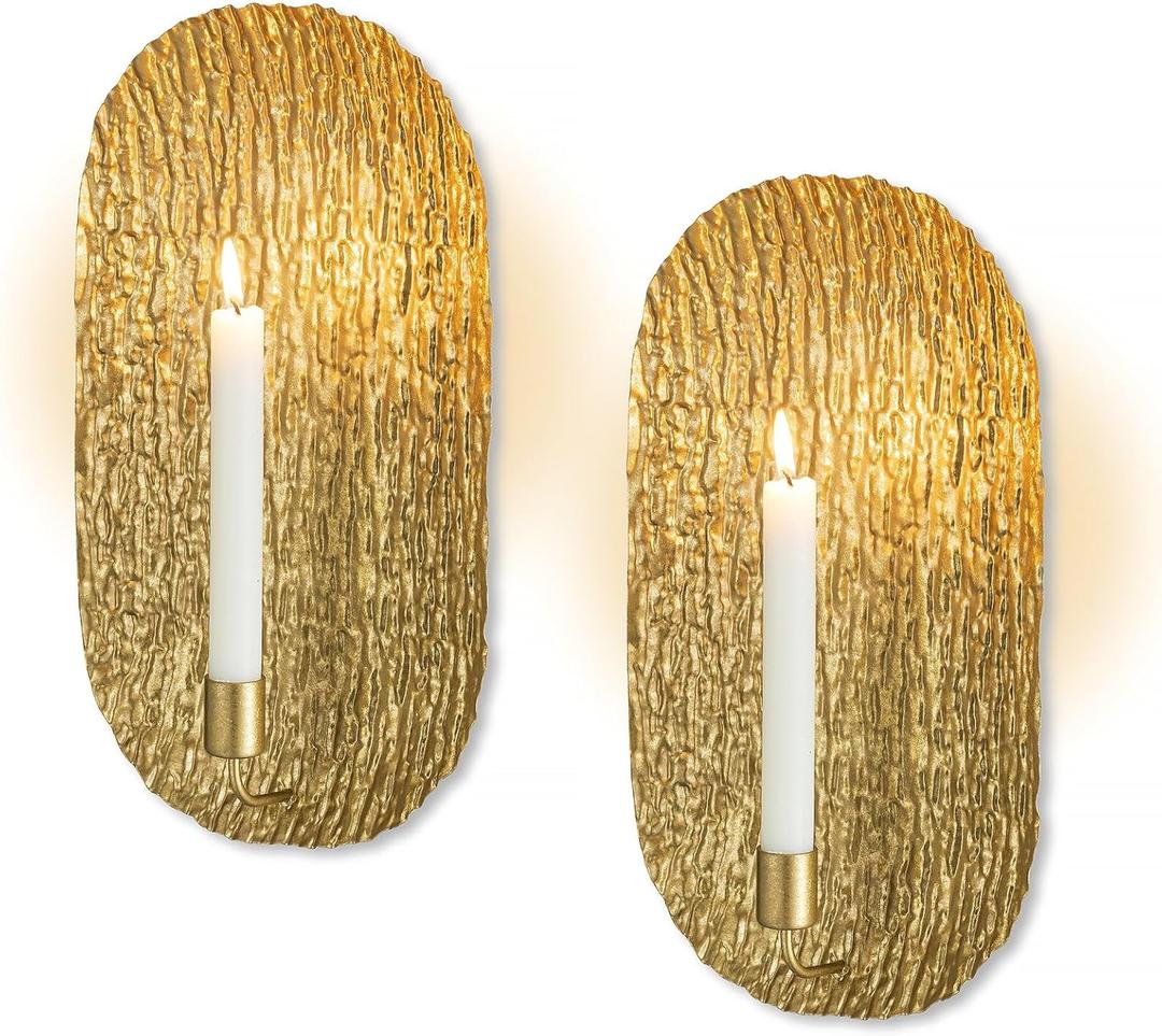 Sziqiqi Gold Wall Candle Sconces: Candlestick Wall Sconces Set of Two - Vintage Candle Holders for Taper Metal Hanging Decor for Home Living Room Fireplace (2 pcs)