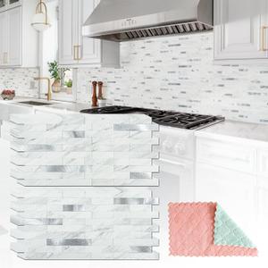 20 Sheets Peel and Stick Backsplash for Kitchen, White Marble with Metal Silver Look Stick on Tile Upgrade Your Kitchen Backsplash, RV, Fireplace