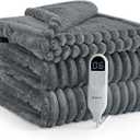 Bedsure Electric Blanket Twin  Thick Striped Flannel Electric Blanket, Heating with 10 Time Settings, 6 Heat Settings, and 8Hour Timer Auto Shut Off, Gift for Grandma (62x84 inches, Grey)