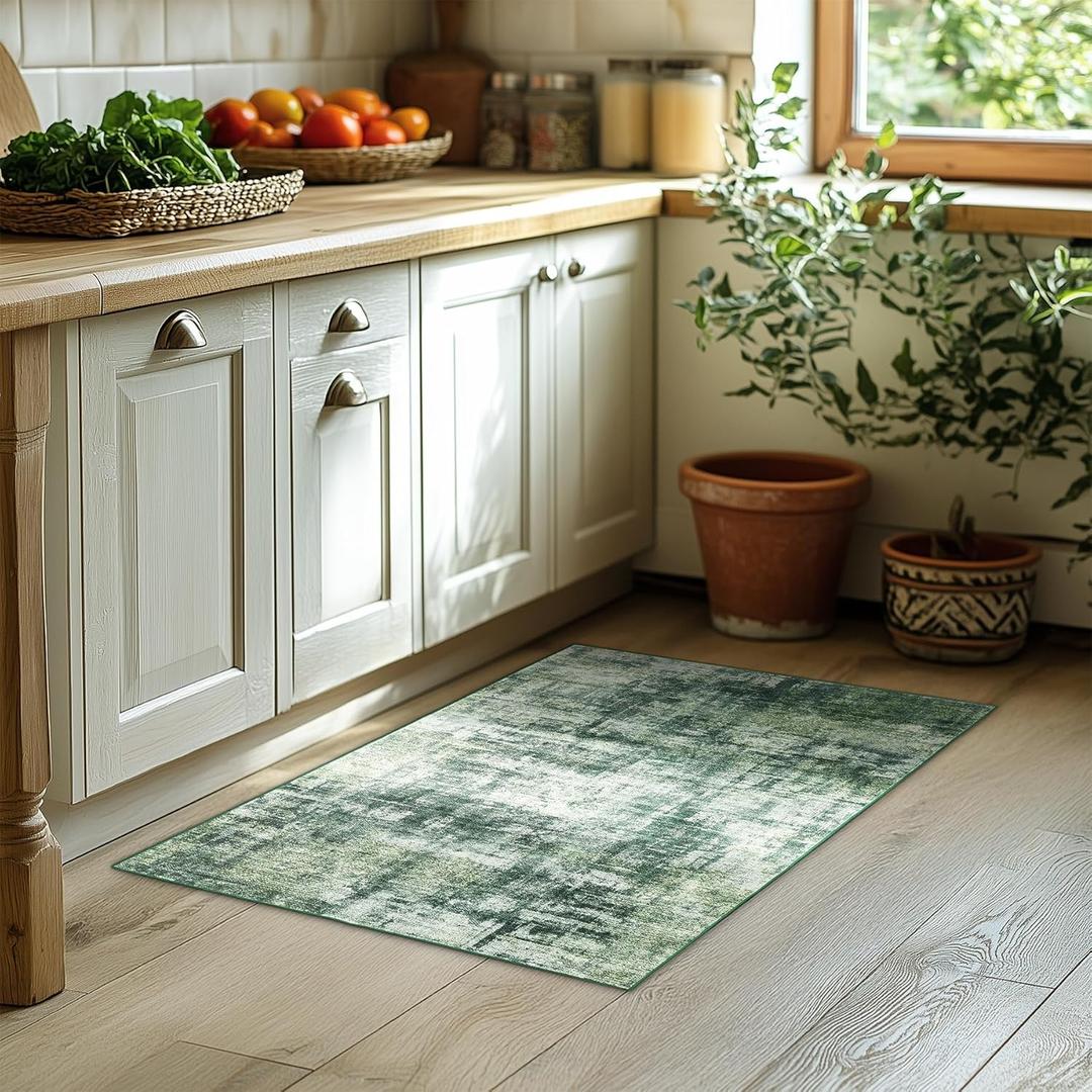 2x3 Washable Entryway Area Rugs Non-Slip Modern Abstract Throw Rugs Stain-Resistant Soft Kitchen Non-Shedding Area Rug for Bathroom, Door Mat, Green