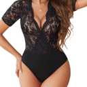 Avidlove Women Lace Bodysuit Lingerie Tops Sexy Deep V Bodysuit Tops One Piece Body Suit Short Sleeve (A-black-(with Snap Crotch, XL))