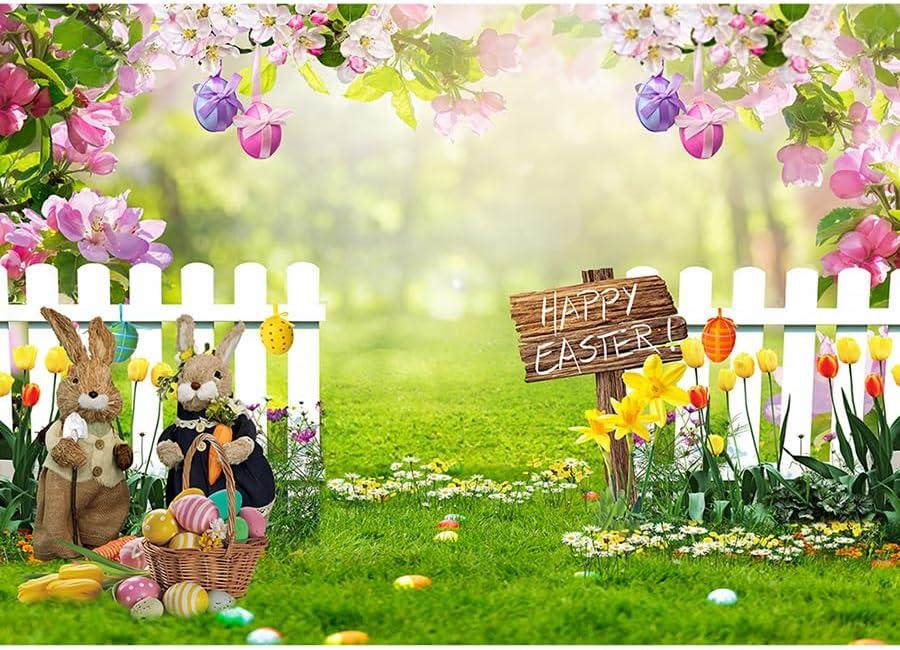 LTLYH 7x5ft Easter Backdrop Spring Flower Garden Photo Background Rabbit Colorful Eggs Fence Grass Wall Decor Photography Background Kids Children Birthday Banner 172