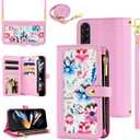 Floral Wallet Case for Samsung Galaxy Z Fold 4 5G 2022 with Wrist Strap Shoulder Strap Flip Zipper Purse, Luxury PU Leather Card Holder Stand Phone Cover for ZFold4 Z4 Fold4 4Z ZFold45G Pink