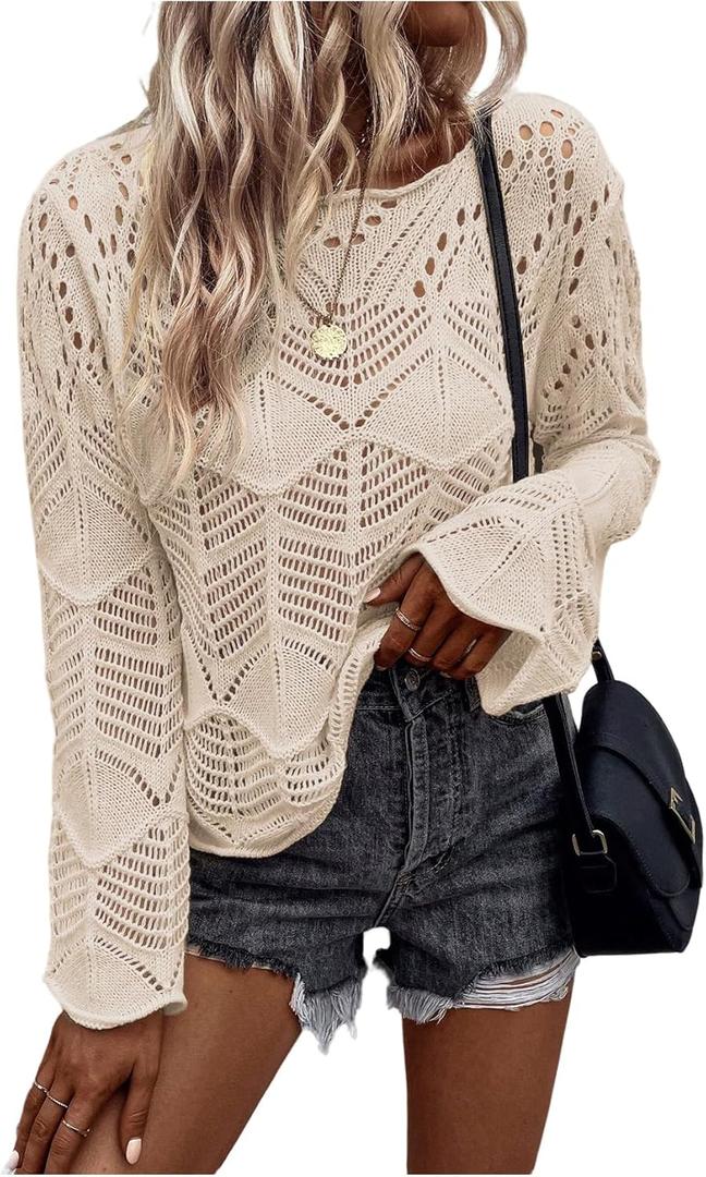 BEAUDRM Women's Crochet Sweater Hollow Out Lightweight Sweaters Crew Neck Long Sleeve Casual Pullover Knit Top Khaki Large