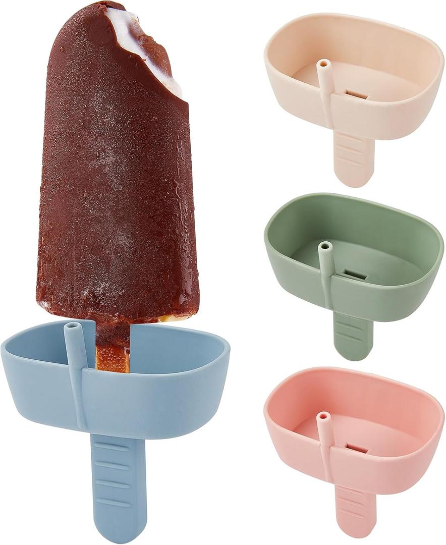 4Pack Drip-Free Silicone Popsicle Holders, AODISTUCE Popsicle Holder with Straw | with 2 Slots Fit Standard & Wide sized sticks Drip Free Popsicle Stick Holder Popsicle Drip Catcher