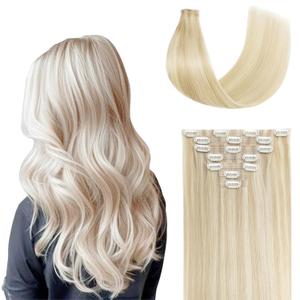 Clip in Extensions Real Human Hair 7pcs, Natural and Seamless 90g (Golden Blonde to Light Blonde, 14 inch)