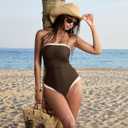 SUUKSESS Women One Piece Tummy Control Swimsuit Strapless Bandeau Bathing Suit (Brown, Small)
