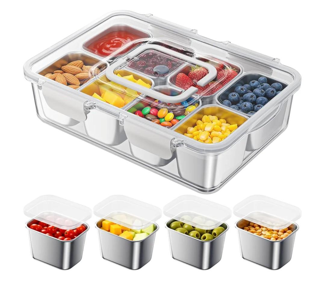 Osfel Snackle Box Container with 8 Removable Stainless Steel Compartments Divided Snack Tray with Portable Handle for Beach, Road Trip, Picnic, Boat Days, Ball Games, Pool and Parties