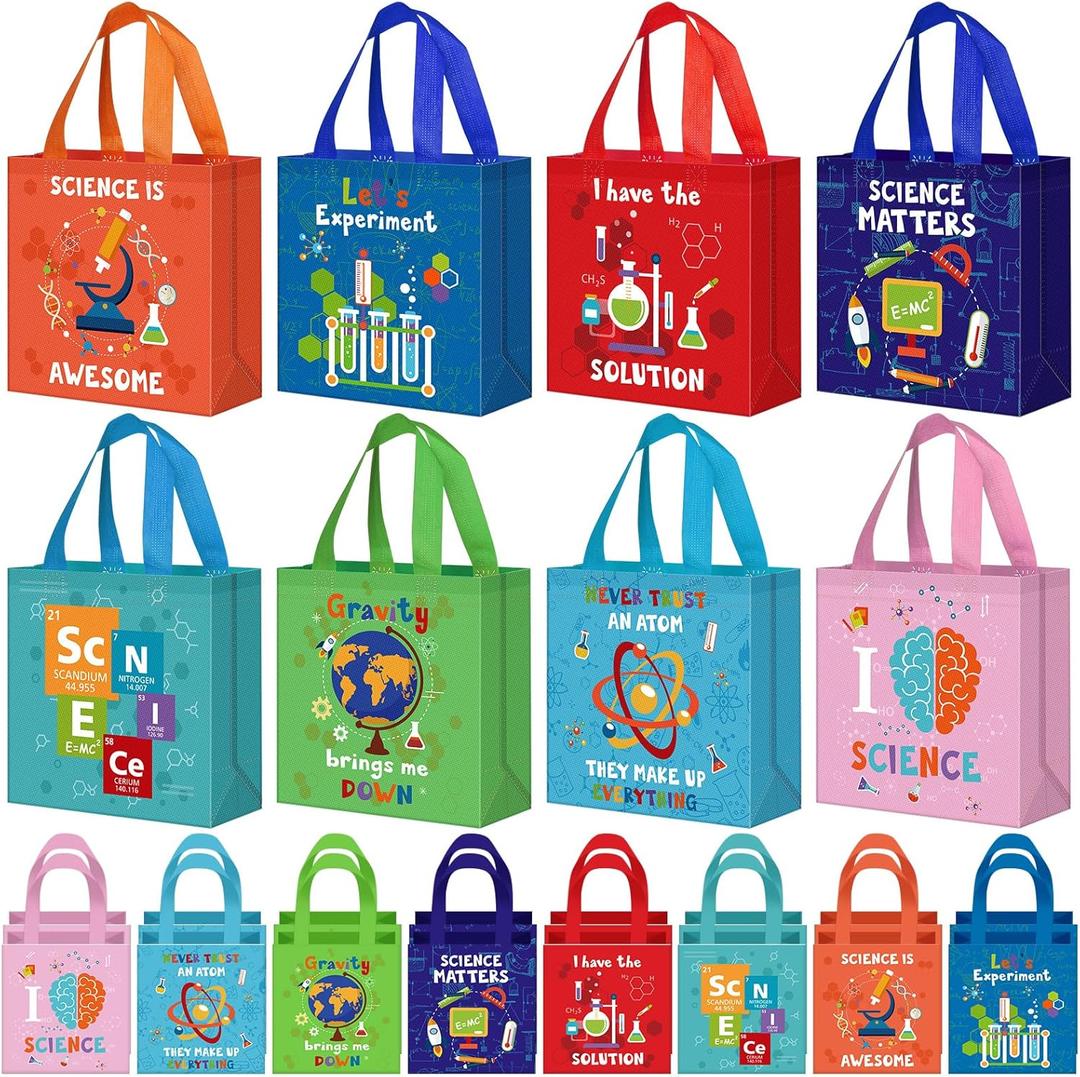 Sanwuta 24 Pcs Science Party Favor Bags Lab Week 2026 Gift Goodie Treat Bag with Handles for Kids Students Party Supplies(Colorful)