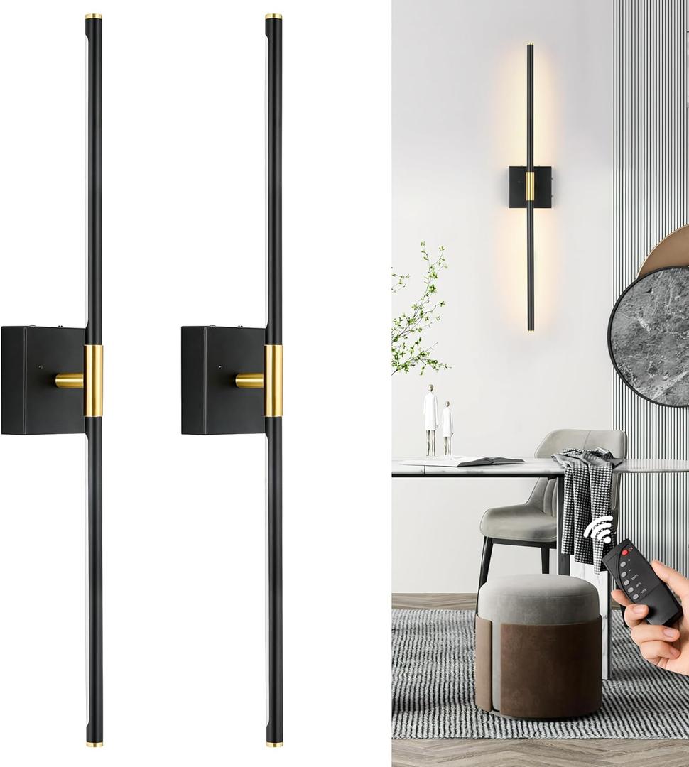 40 Inch Battery Operated Wall Sconce Set of Two, Dimmable Wall Sconces with Remote Control, Black Gold Rechargeable Sconces, Modern Wireless Wall Lights for Bathroom, Bedroom, Living Room