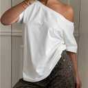 Women's Off The Shoulder Tops Short Sleeve Oversized Tshirts Trendy Y2k Tops Summer T Shirts (White, M)