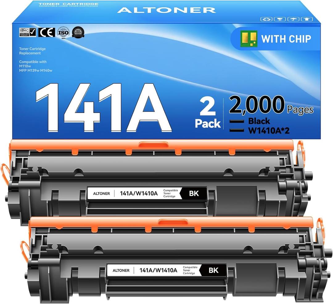 141A Toner Cartridge 2-Pack 141A W1410A Black (with Latest Chip)  High-Capacity Replacement Compatible for HP Laser Jet M110w / M139w / M140w Series | 2,000-Page Yield | 141 Monochrome Ink