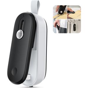 ODSD 2 in 1 Mini Bag Sealer - Heat Seal and Cutter with Lanyard, Portable Handheld Chip Bag Sealer for Snacks, Candies, Food Storage (Batteries Included) (Black/White)