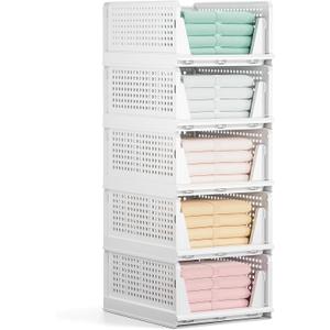 Mavivegue 5 Pack Stackable Closet Storage, Plastic Drawer Basket,Closet Organizers Storage Box for Cupboard,Bedroom, Kitchen, Bathroom, Office White