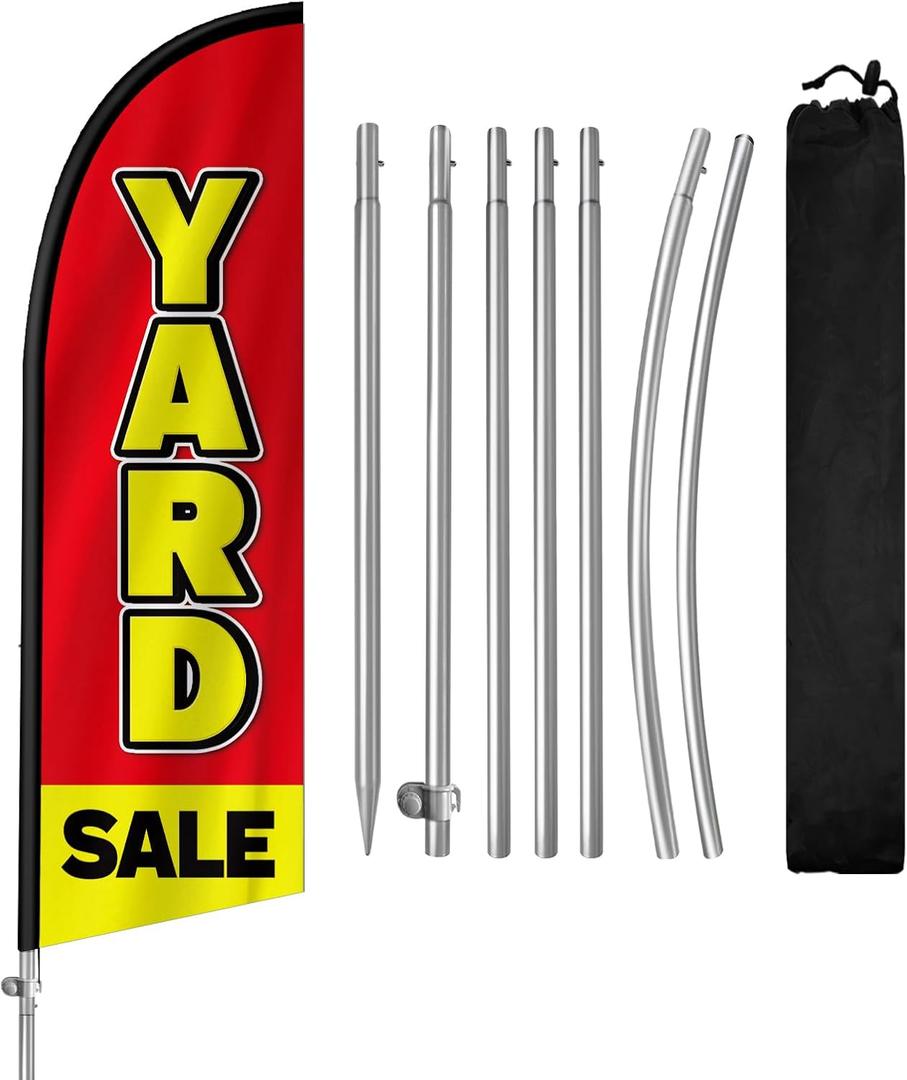 Yard Sale Signs with Stakes, 8FT Huge Yard Sale Flag for Business, Garage Sale Flags for Outside, Garage Sale Banner with Ground Spike, Flagpole