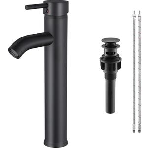 Matte Black Bathroom Faucet Single Handle Bathroom Sink Faucet with Pop-Up Drain Vessel Sink Faucet Tall Modern for Bathroom Washbasin Faucet Countertop Installation