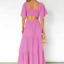 LEANI Women's 2025 Summer Cutout Maxi Dress Square Neck Short Sleeve Crossover Waist Casual Party Dresses (Pink, M)