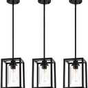 Matte Black Farmhouse Pendant Light Fixtures, Pendant Lights for Kitchen Island, Rectangle Linear Metal Hanging Lighting Fixture Ceiling Mount with Clear Glass Shade E26 Base for Dining Room, 3 Pack