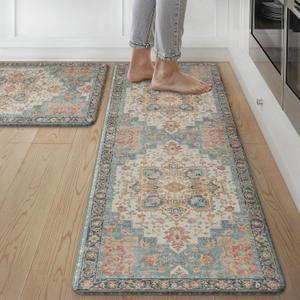 GENIMO Kitchen Mats for Floor 2PCs, Washable Anti Fatigue Mat for Cushioned, 17.3"x47"+17.3"x30", Waterproof Kitchen Rugs, Non Slip Comfort Standing Mat Rug for Home, Sink, Laundry, Blue&Salmon