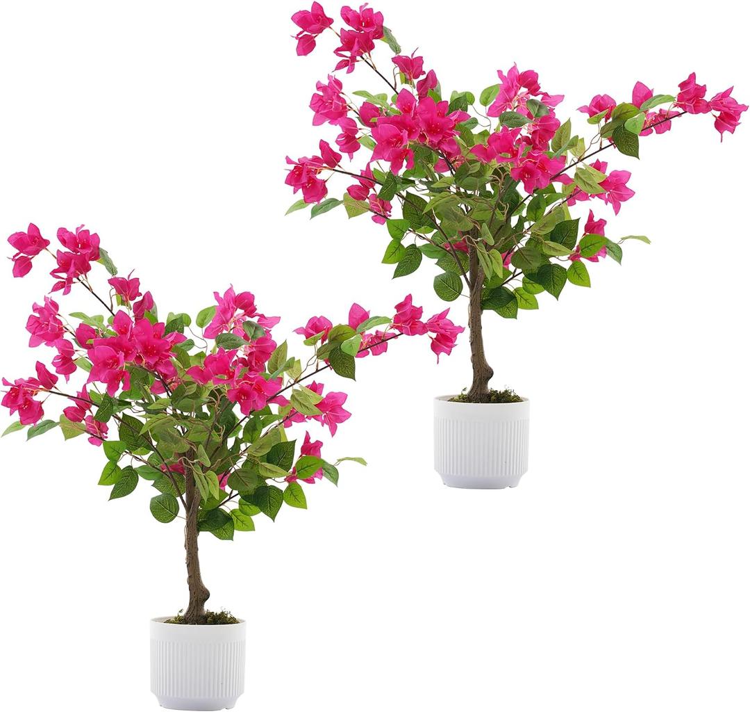 2 Pack Artificial Bougainvillea Tree, 2.5FT Faux Bougainvillea Plant with Vibrant Pink Flowers, Potted Fake Tree for Indoor Outdoor Home Office Garden Porch Decoration