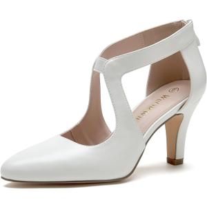 WuORWu Women's Closed Toe High Heel Pumps Dress Work Shoes for Office Business Comfortable Slip on Zippe 3 inch Heels(White pu 8)