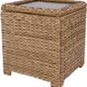 Patio Side Table with Lid & Storage  Hand-Woven HDPE Wicker Side Table with Tempered Glass Top, Deck Box Weatherproof Outdoor Rattan Coffee Table for Pool, Balcony (Square 22x20x20, Light Brown)