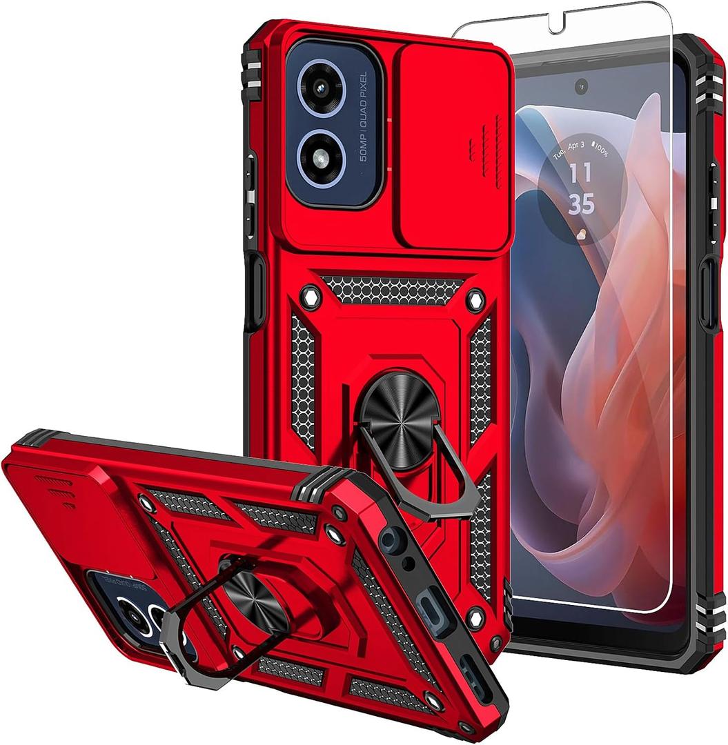for Moto G 5G 2024 Case,with Screen Protectors and Camera Cover,[Military Grade] 16ft.Drop Tested Cover with Magnetic Kickstand Protective Case for Motorola G 5G 2024, Red