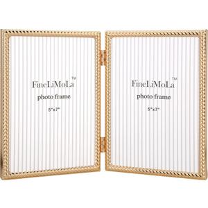 5x7''Double Frames Gold Rope Design Metal Photo Frame with black Velvet Backing and Real Glass Front,5x7'' Hinged Double Picture Frame for Tabletop and Shelf Display