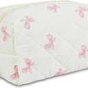 Quilted Makeup Pouch,Cotton Puffy Makeup Bag, Coquette Cosmetic Bag for Women and Girls, Aesthetic Organizer Bag, Cute Flower Travel Toiletry Bag, Pink Bow