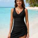 Blooming Jelly Women Tankini Swimsuit with Skirt Tummy Control Scalloped Slimming Bathing Suit 2 Piece Ruched Modest Swimwear (Black, M)