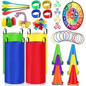 Libima 72 Pcs Carnival Games Set Potato Sack Race Bags Dart Board with Sticky Balls Bean Bag Toss Rings Egg Spoon Race 3 Legged Bands Game Outdoor Birthday Party Field Day Activity for Boy Girl Adult