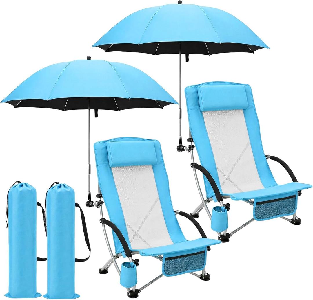 Colingmill 4 Pcs Low Beach Chair with Umbrella Camping Chair Backpack Folding Recliner Mesh Back with Headrest Cup Holder Carry Bag for Summer Tent Picnics Outdoor Travel Barbecues (Sky Blue)