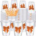 Sliner 50 Pcs Basketball Coquette Party Supply 16 oz Basketball Bow Cups Plastic Disposable Cups with Lid and Straw Sports Lover Team Party Drinkware Senior Night Valentine Baby Shower Supplies