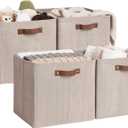StorageWorks 13x13 Inches Storage Cube, Fabric Storage Bins with PU Handles, Collapsible Organizer Baskets for Closet, Brown and Beige, 4-Pack