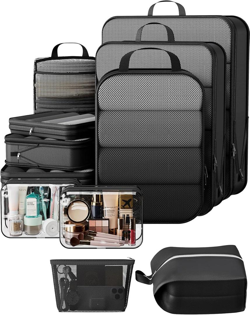 Veken 11 Set Compression Packing Cubes for Travel Essentials,Compressible Expandable Large Luggage Suitcase Organizer Bags for Clothing,Durable Space Saver Storage Bags with Toiletry Bags(Black)